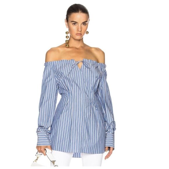 Tibi Garcon Stripe Shirred Tie Cinch Waist Off Shoulder Top 6 - Picture 1 of 7